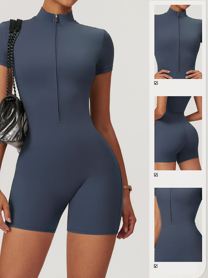 High-Neck Short Sleeve Zip-Up Fitting Activewear Bodysuit