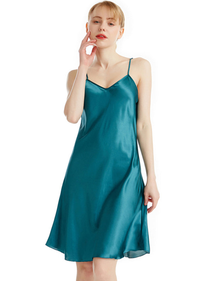 V Neck Knee Length Thin Sling Satin Nightdress