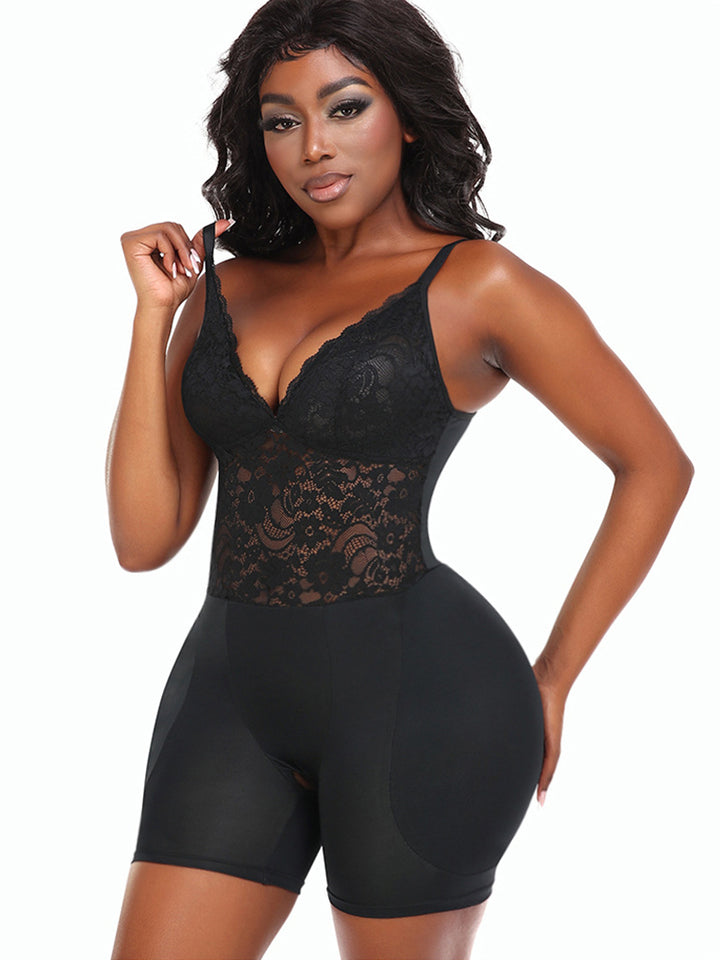 Women's Lace V Neck Corset Hip Enhancer Shapewear Bodysuit