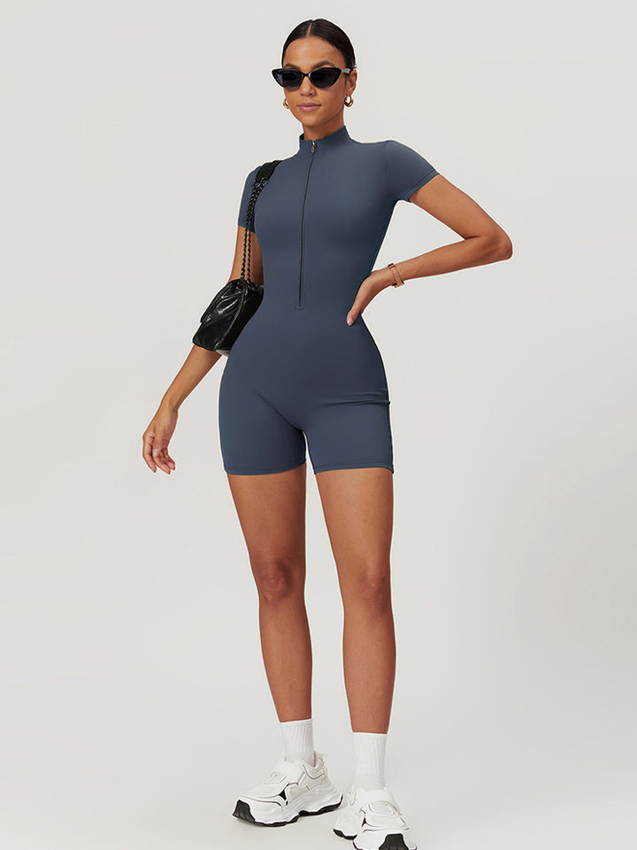 High-Neck Short Sleeve Zip-Up Fitting Activewear Bodysuit