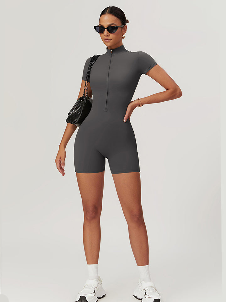 High-Neck Short Sleeve Zip-Up Fitting Activewear Bodysuit