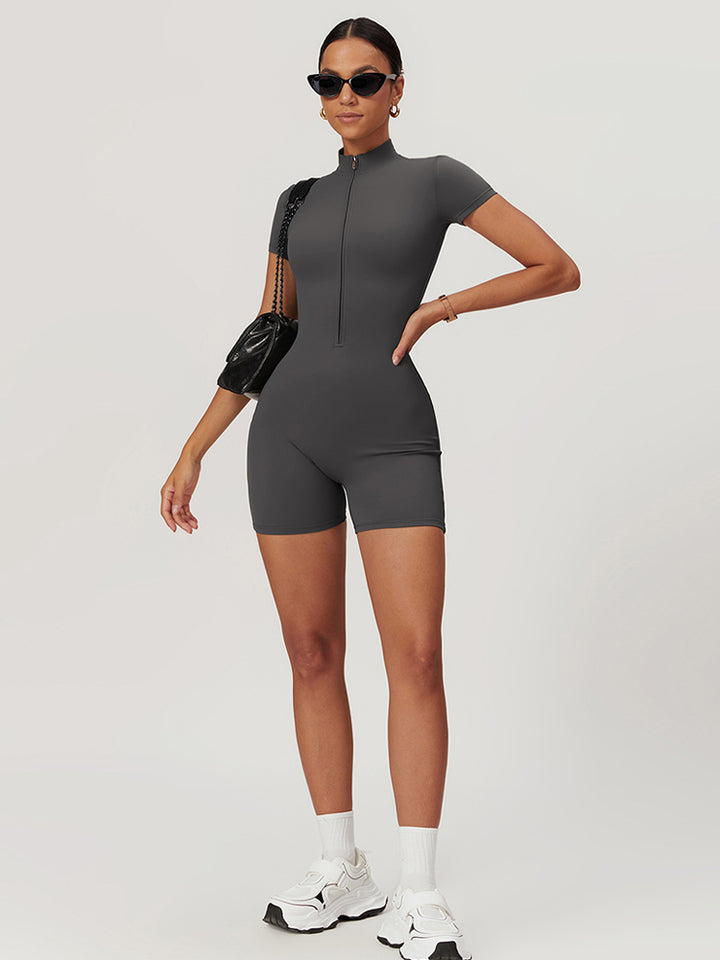 High-Neck Short Sleeve Zip-Up Fitting Activewear Bodysuit