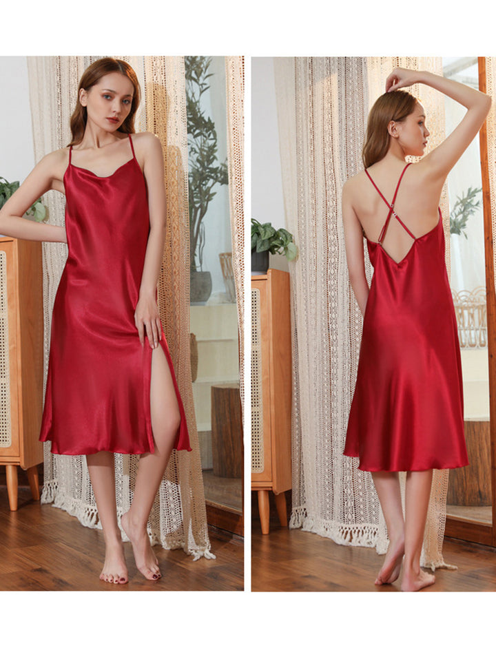 Sexy Backless Satin Side Slit Sleepwear Mini Nightdress