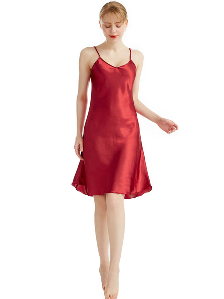 V Neck Knee Length Thin Sling Satin Nightdress