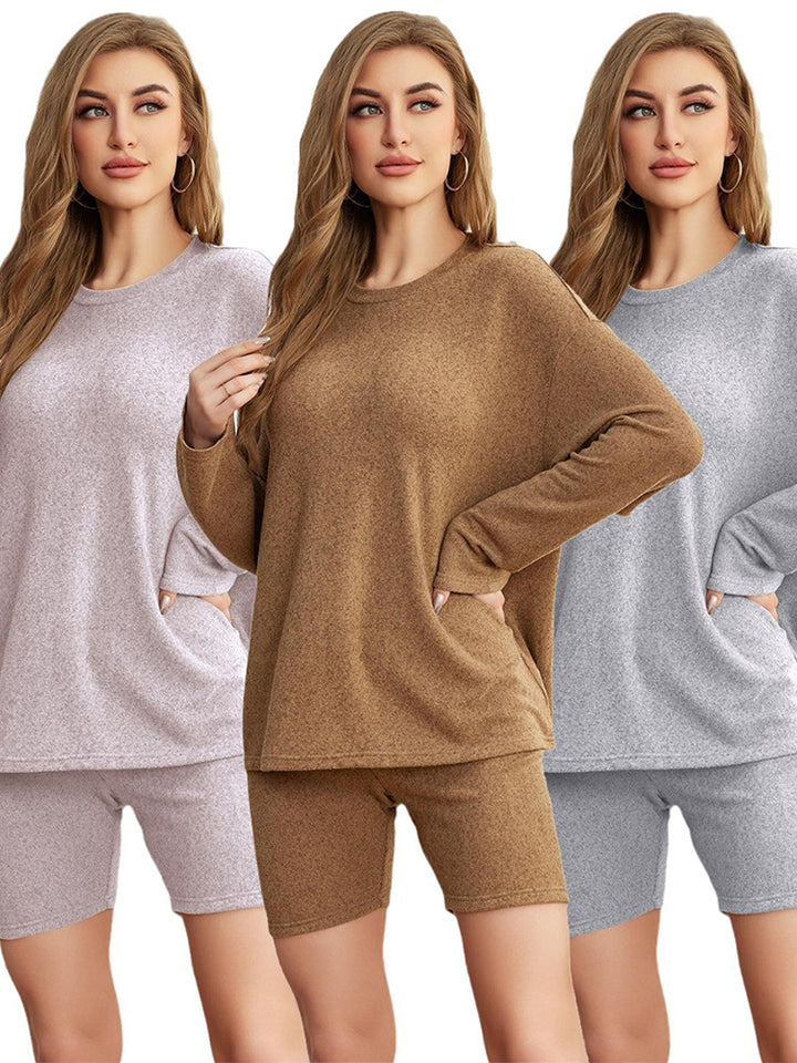 Women's Casual Loose-Fit Long Sleeve T-Shirt & Shorts Pajama Set