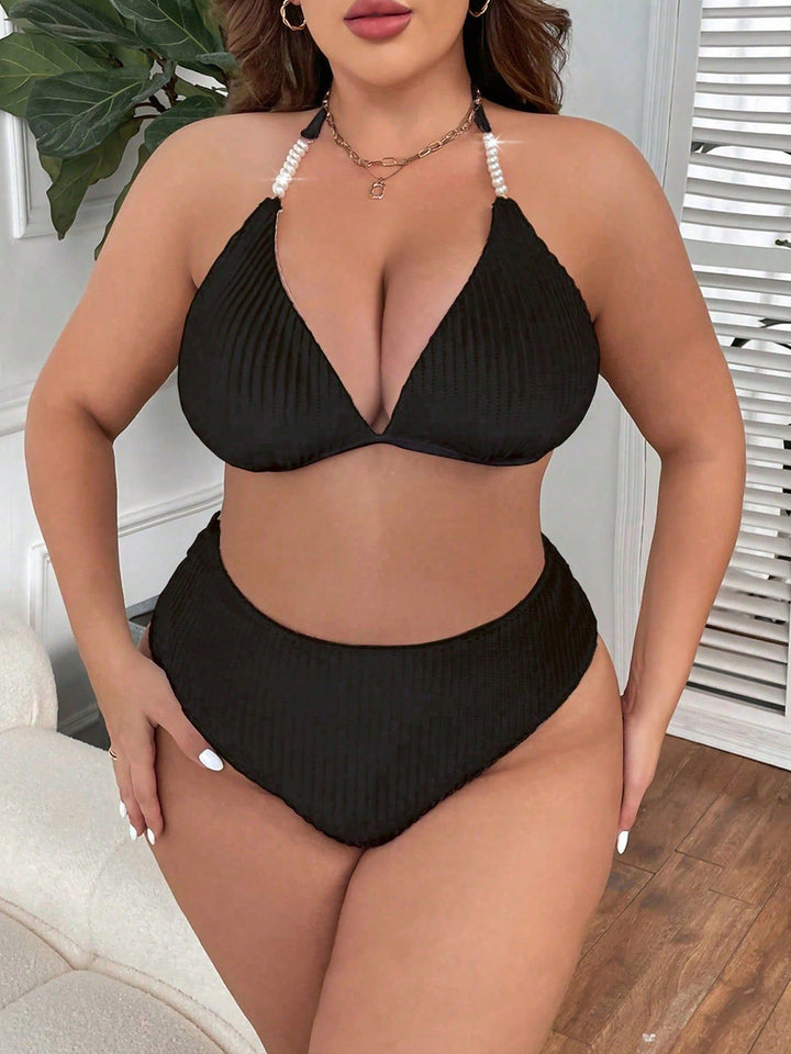 Sexy Pearl Strap High-Waisted Solid Color Bikini