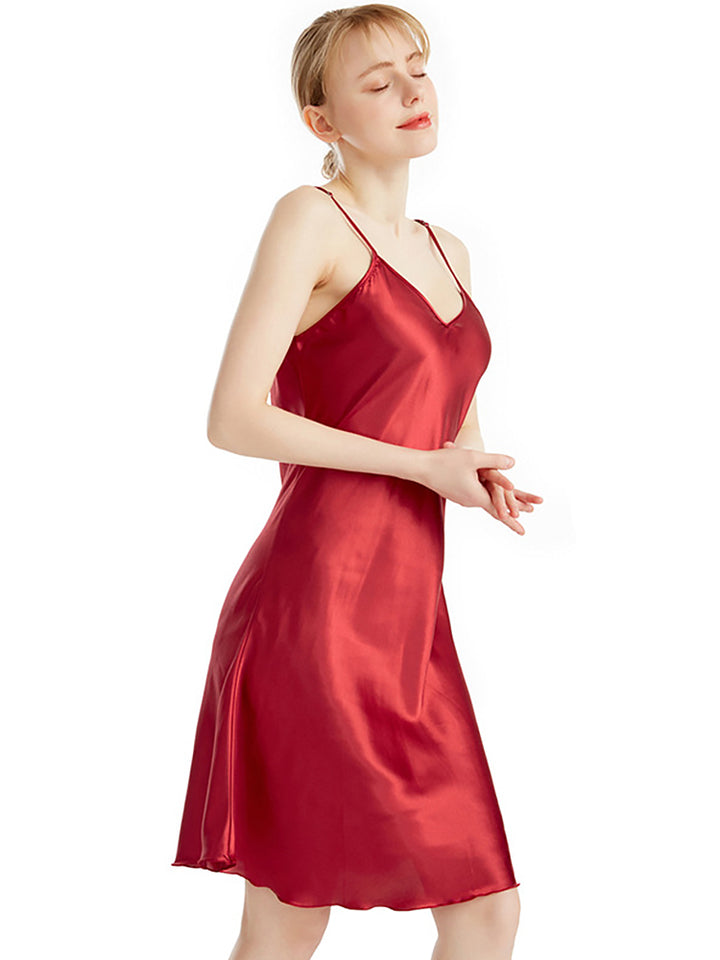 V Neck Knee Length Thin Sling Satin Nightdress