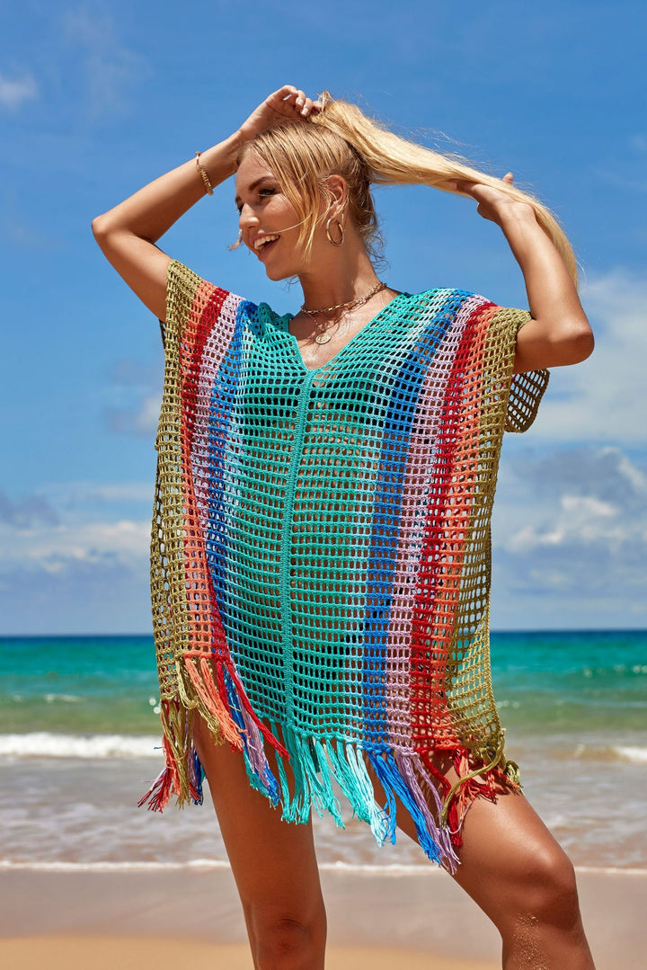 Women Hit Color Crochet Tassel Hem Pleats Hollow Out Cover Ups