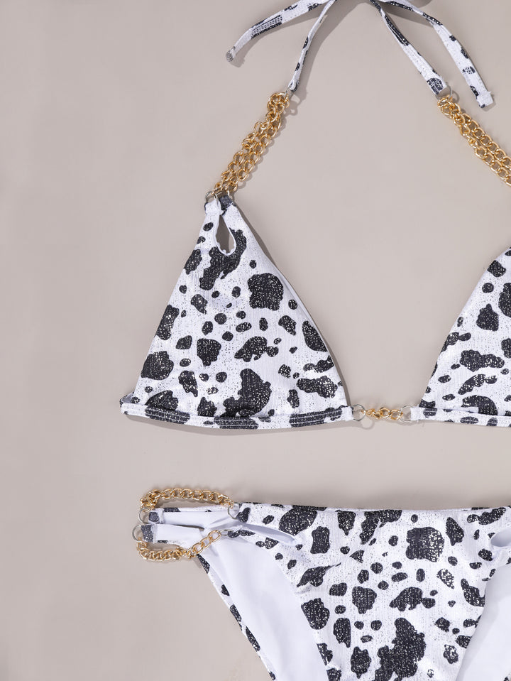 Women's Milk Speckled Printed Halter Triangle Top 2 Piece Bikini Bathing Suits