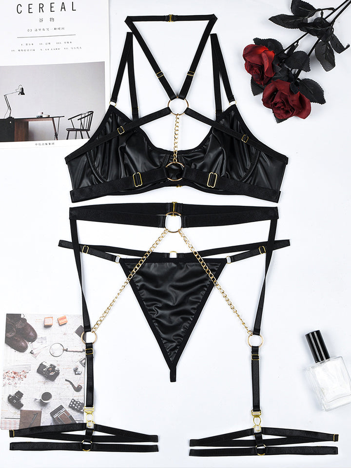 Fashion 3 Pack Harness Lingerie Set with Chain Linked Ring