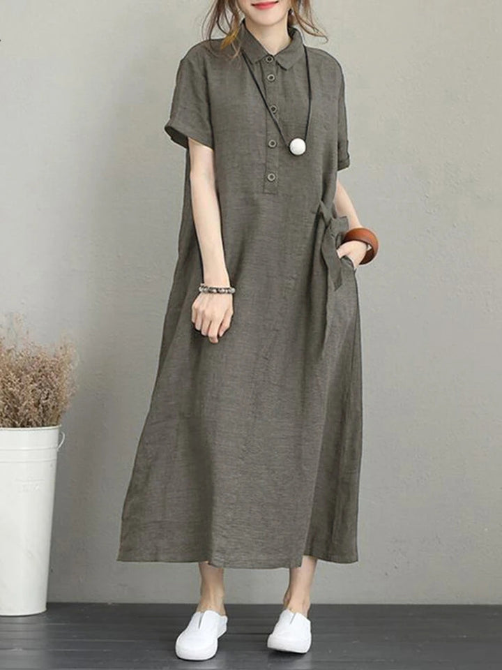 Vintage Turn-down Collar Side Pocket Shirt Dress