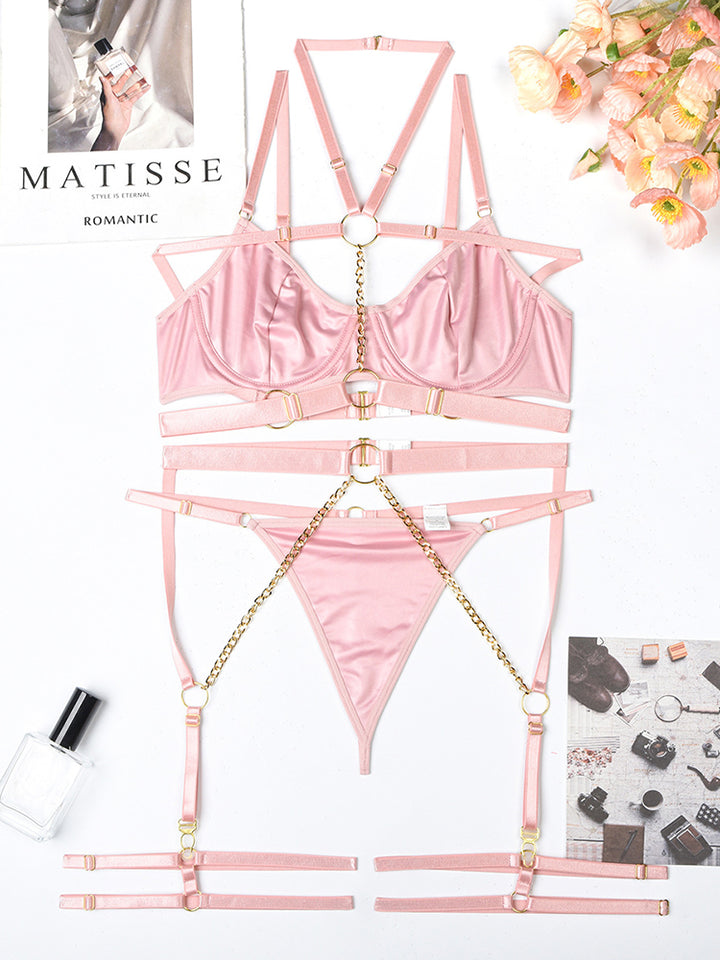 Fashion 3 Pack Harness Lingerie Set with Chain Linked Ring