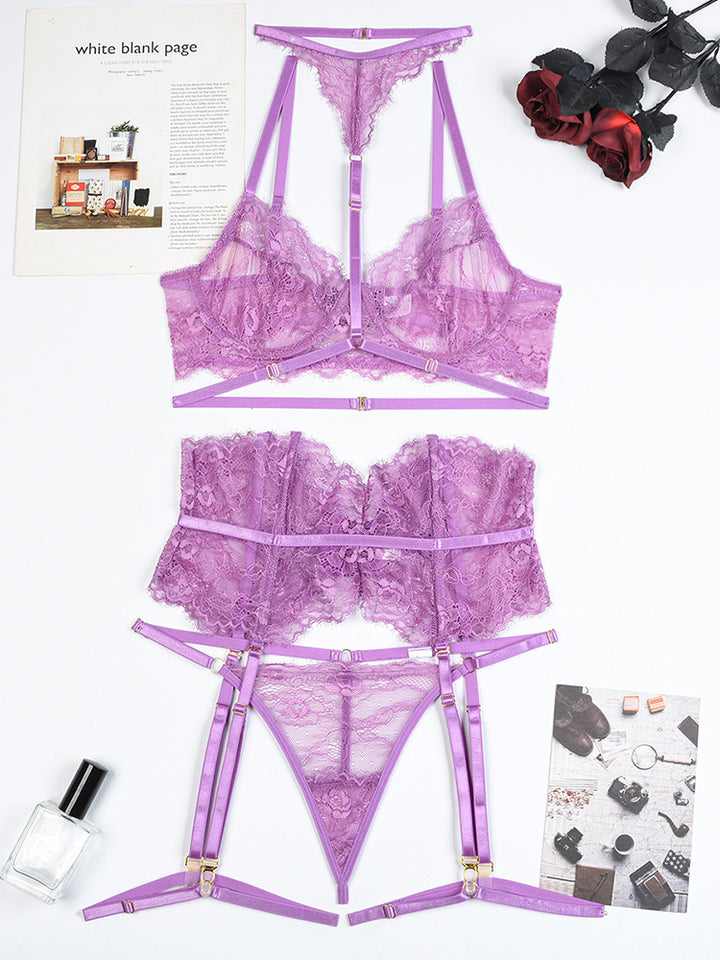 Four Piece Lace Garter Choker Babydoll Lingerie Set