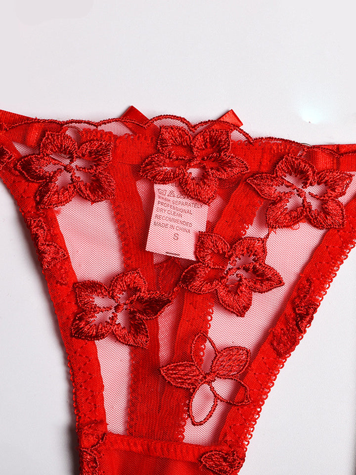 3 Piece Floral Embroidered Ruffle Sexy Underwire Lingerie Set