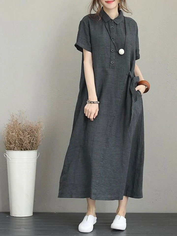 Vintage Turn-down Collar Side Pocket Shirt Dress