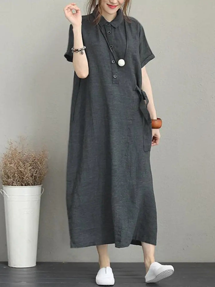 Vintage Turn-down Collar Side Pocket Shirt Dress