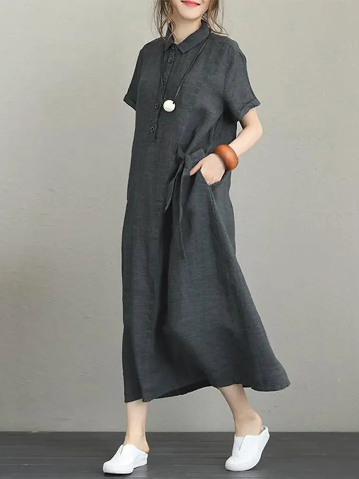 Vintage Turn-down Collar Side Pocket Shirt Dress