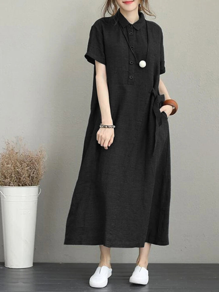 Vintage Turn-down Collar Side Pocket Shirt Dress