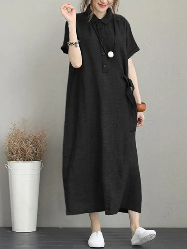 Vintage Turn-down Collar Side Pocket Shirt Dress