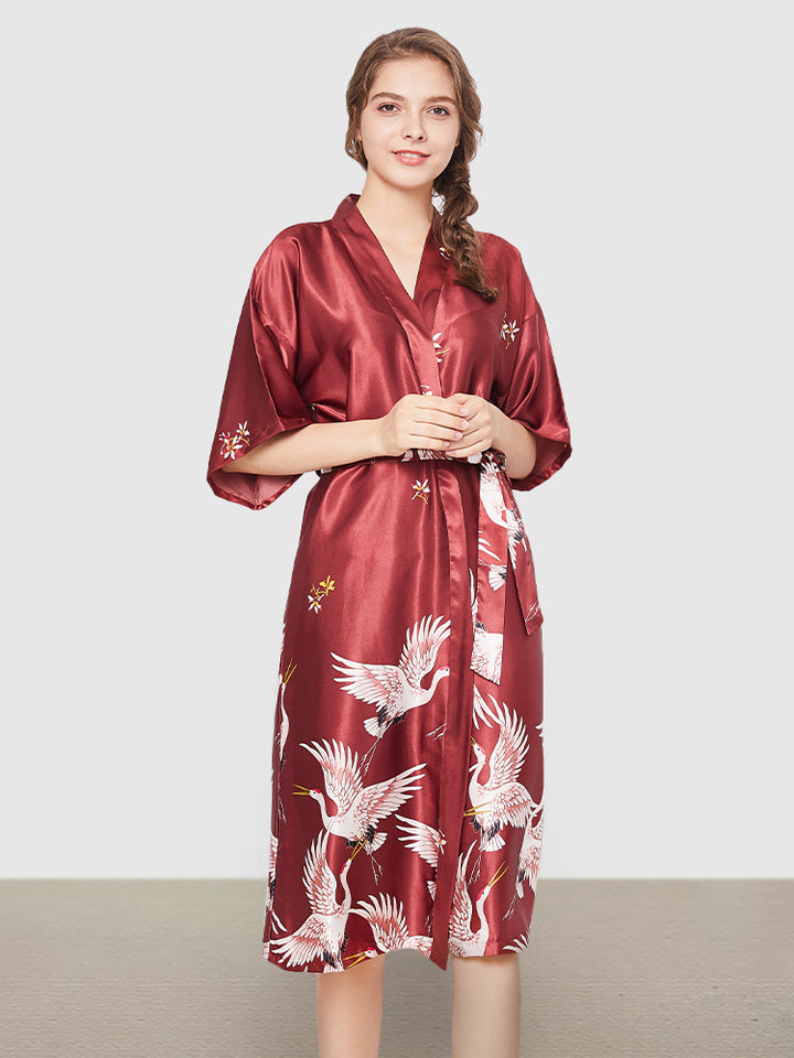 Ladies Short Satin Silk Crane Bathrobe Nightgown Loungewear