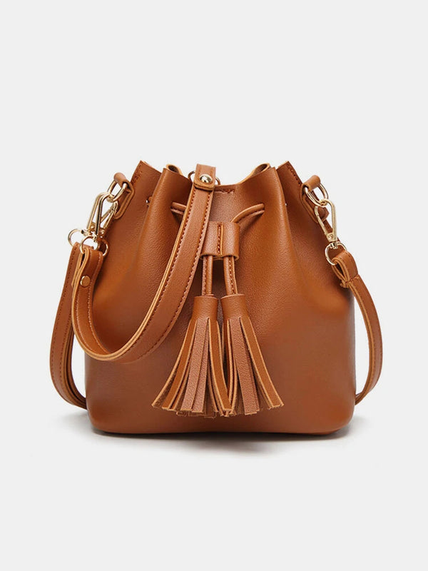 Women PU Leather Vintage Tassel Bucket Bags Mini Crossbody Bags