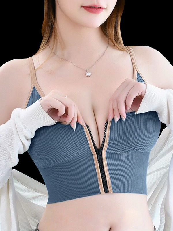 Women's V-Neck Zipper Front Wirefree Removable Pads Yoga Bra