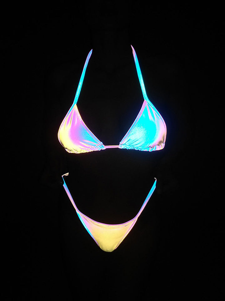 Rainbow Reflective Sexy Thong Luminous Split Bikini Set