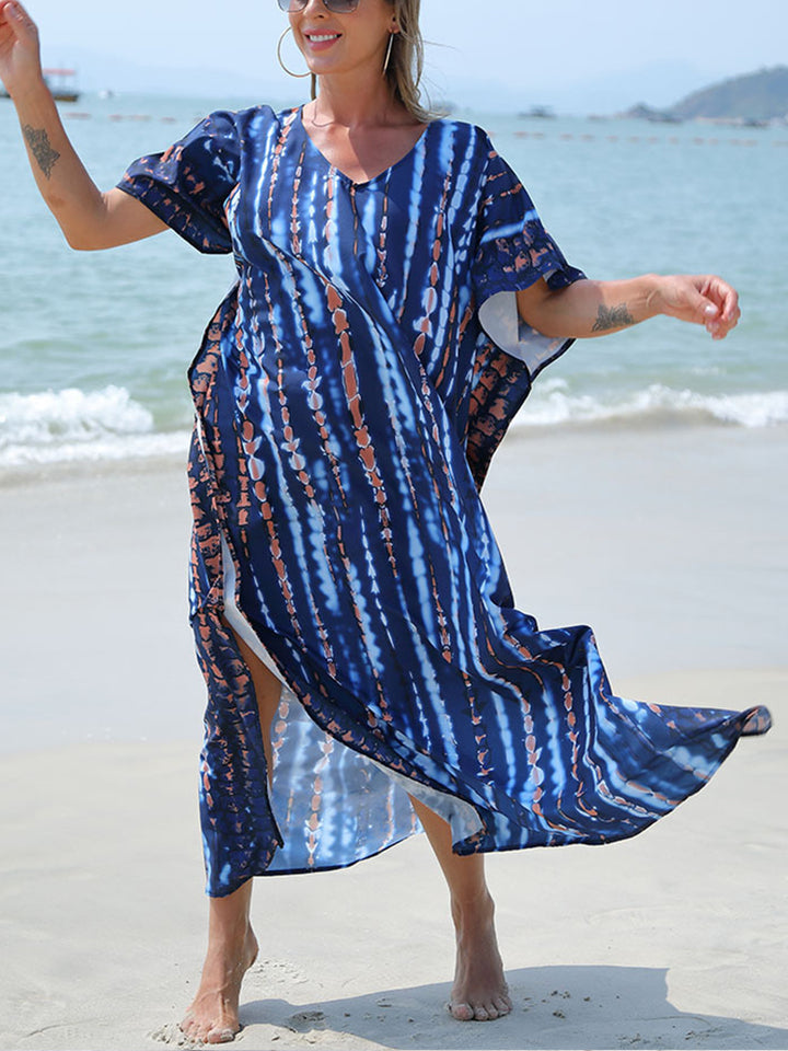 Women Print Beach Kaftan Dress Short Sleeve Plus Size Bathing Suit Cover Ups