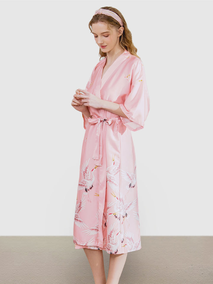 Ladies Short Satin Silk Crane Bathrobe Nightgown Loungewear