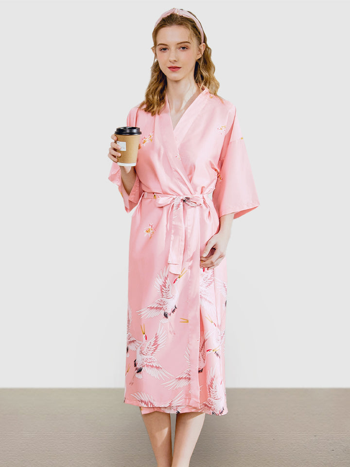 Ladies Short Satin Silk Crane Bathrobe Nightgown Loungewear