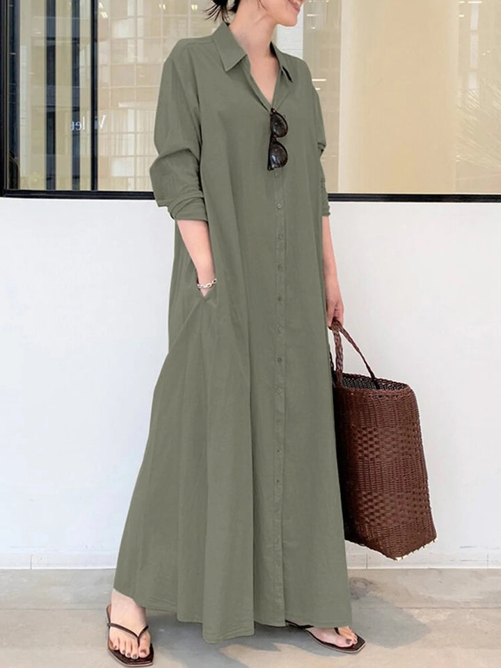 Women's Solid Color Pocket Button Long SLeeve Casual Shirt Dresses