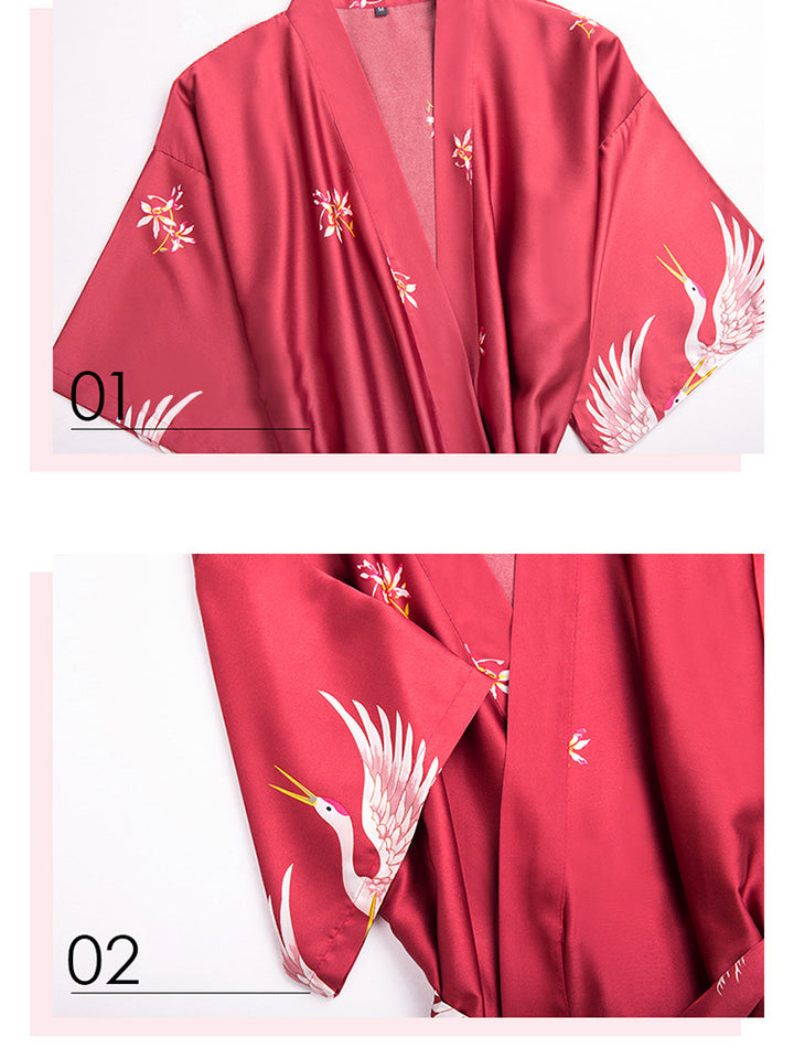 Ladies Short Satin Silk Crane Bathrobe Nightgown Loungewear