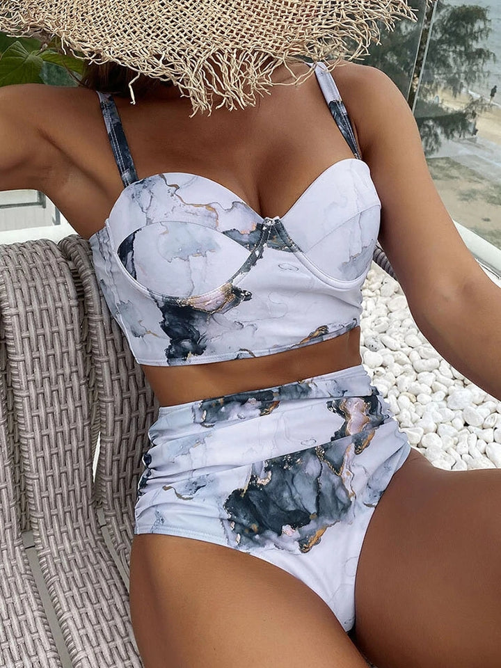 Women Marble Print Ruched Underwire Backless Quick Dry Bikinis